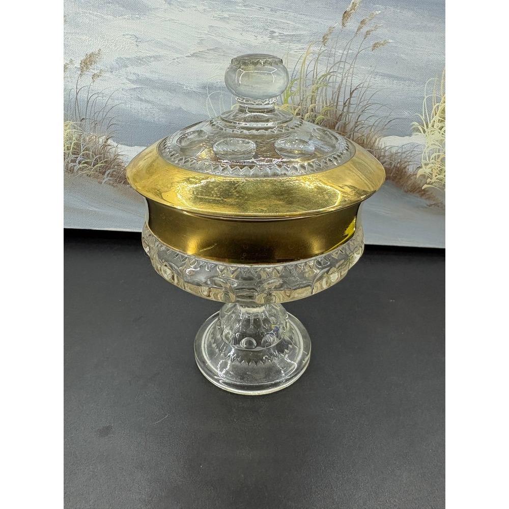 VTG Indiana Glass Kings Crown Thumbprint Compote Gold Trim Candy Dish W/Lid